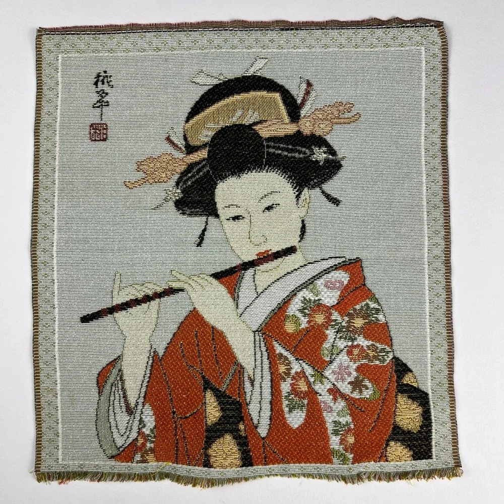 VTG Japanese Geisha Woven Tapestry Art Unisex 13x12 Manga Flute Decor Minimal